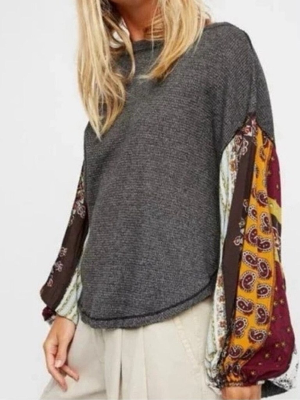 We The Free Blossom Charcoal Grey Waffle Knit Balloon Sleeve Blouse